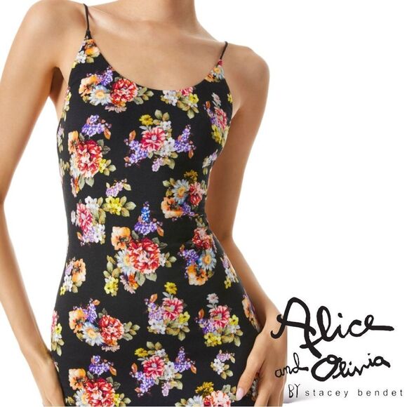 ALICE + OLIVIA *NWT* Delora Spaghetti Strap Fitted MIDI Dress in Magnolia Floral - Picture 12 of 12